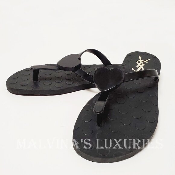 YVES SAINT LAURENT SHOES BLACK RUBBER FLIP FLOPS THONG w HEART sz 38 / US 8 - Picture 4 of 11